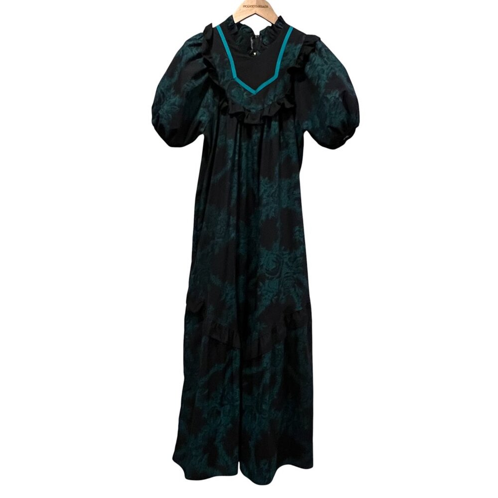 Carol Bennett for Liberty House Vtg Prairie Maxi Dress, Floral Black Green, S/M - Picture 10 of 10